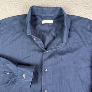 Luca Faloni Shirt Mens 17.5/44 Navy Blue 100% Linen Button Down Long Sleeve